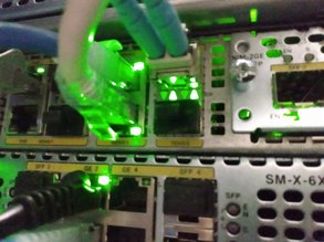 Close-up of network switch ports with active link lights